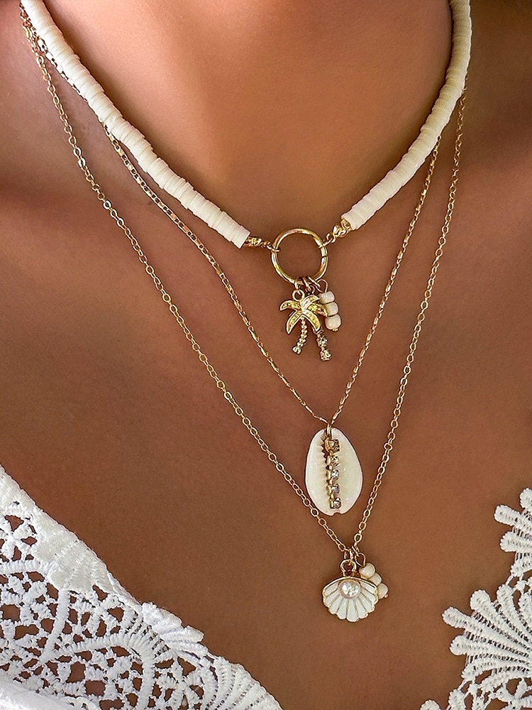 Boho gelaagde schelp- en kralenkettingset voor dames – turquoise hanger in strandstijl en gouden bedels voor zomervakanties en festivals 2025 - $12.36 –P4