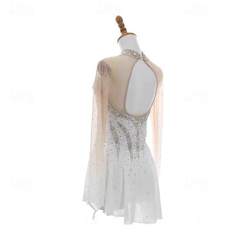 Figure Skating Dress Women's Girls' Ice Skating Dress White Patchwork Thumbhole Mesh Spandex Stretchy Training Practice Professional Skating Wear Thermal Warm Crystal / Rhinestone Long Sleeve Ice 2025 - $178.99 –P2