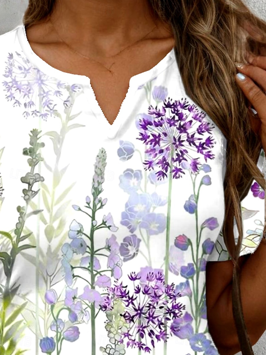 Dame T skjorte Blomstret Grafisk Planter Årgang Stilfull Klassisk Kortermet Hals med hakk Vanlige topper Daglig Helg Trykt mønster Lilla Sommer Vår 2025 - $24.99 –P2