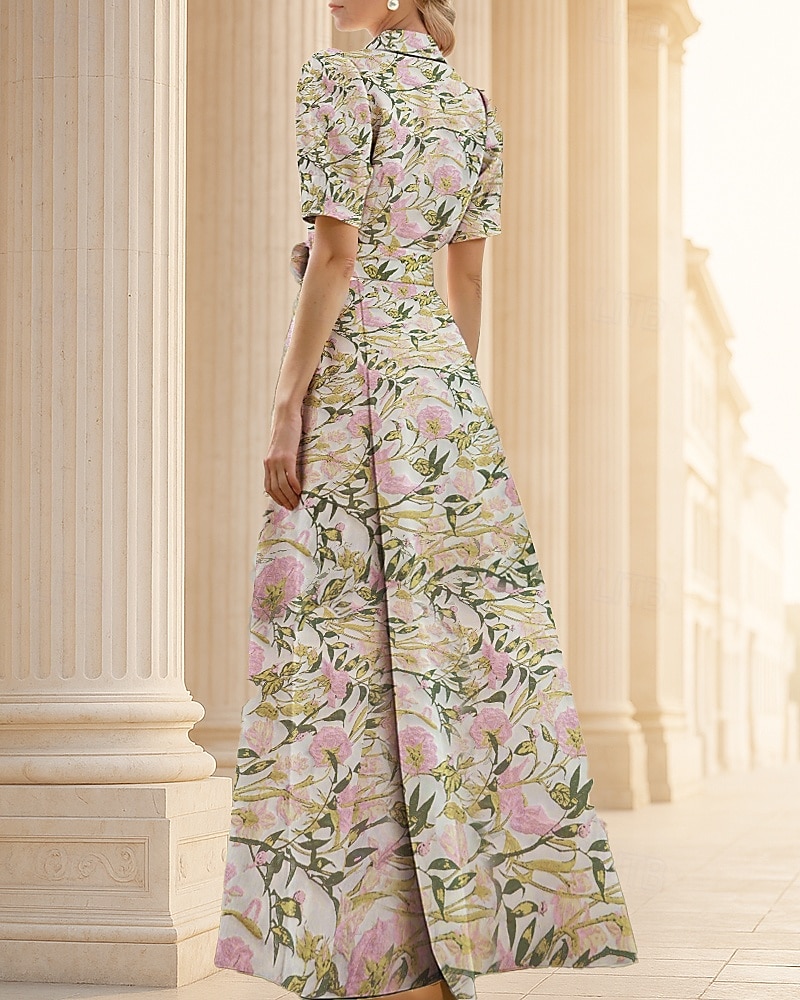 Linha A Longo Vestidos de noite Vestido de Baile Vestido formal Elegante Vintage Manga Curta Colarinho de Camisa Casamento Formal Fibra Sintética com Estampa floral Fenda Bolsos de 2026 por $186.99 –P2