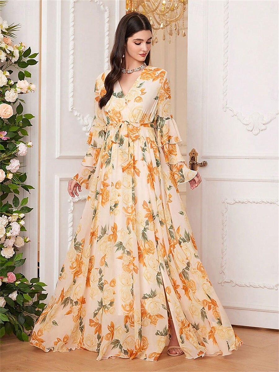 Dress Mother of the Bride Dress Elegant V Neck Floor Length Chiffon Long Sleeve with Sash / Ribbon Ruffles Wedding Guest Dress 2025 - $89.99 –P2