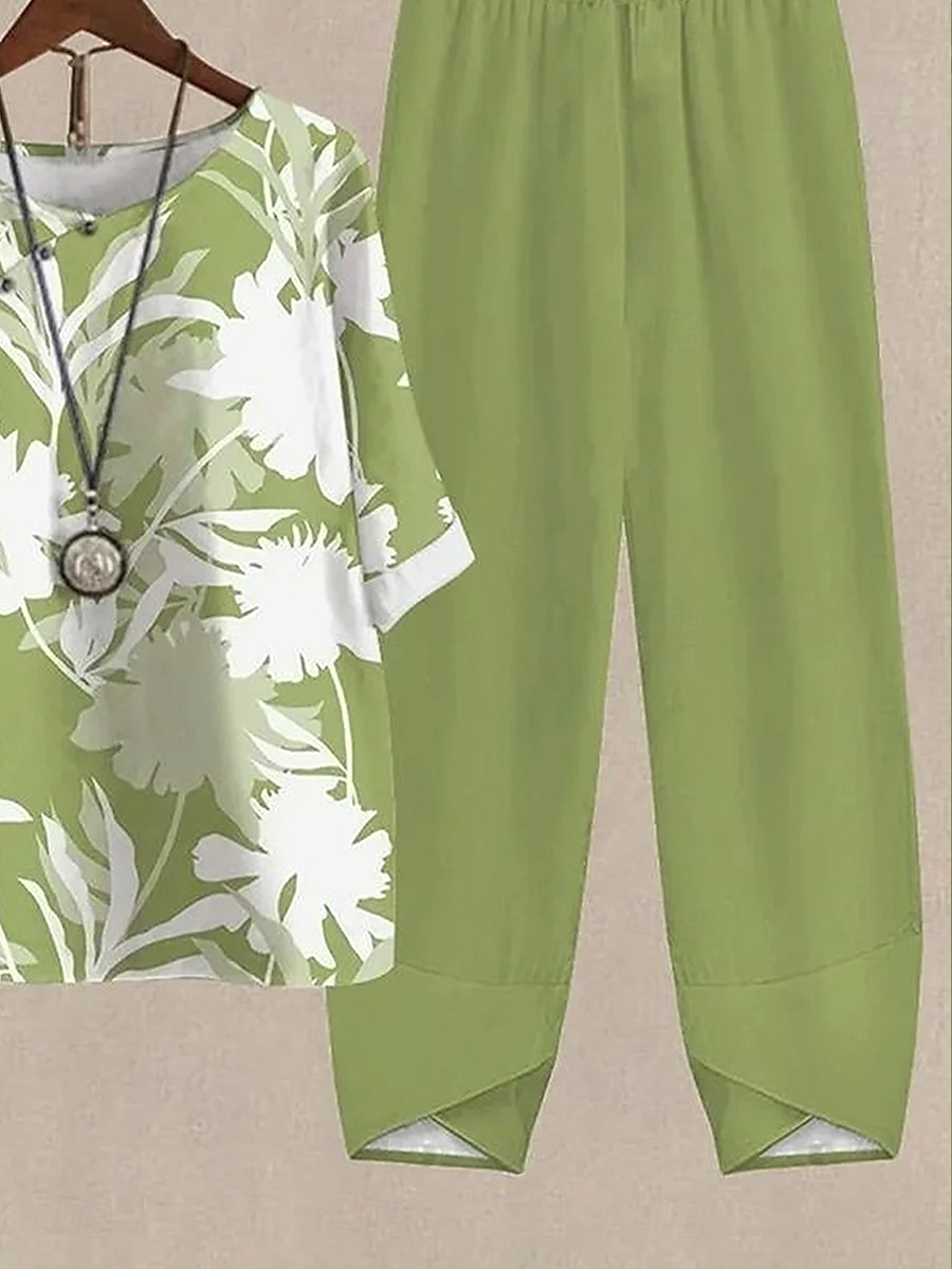 Ensembles de t-shirt et pantalon 2 pièces pour femmes manches courtes col rond floral graphique motif géométrique vacances quotidien week-end vert été coupe ample de 2025 ? $44.99 –P3