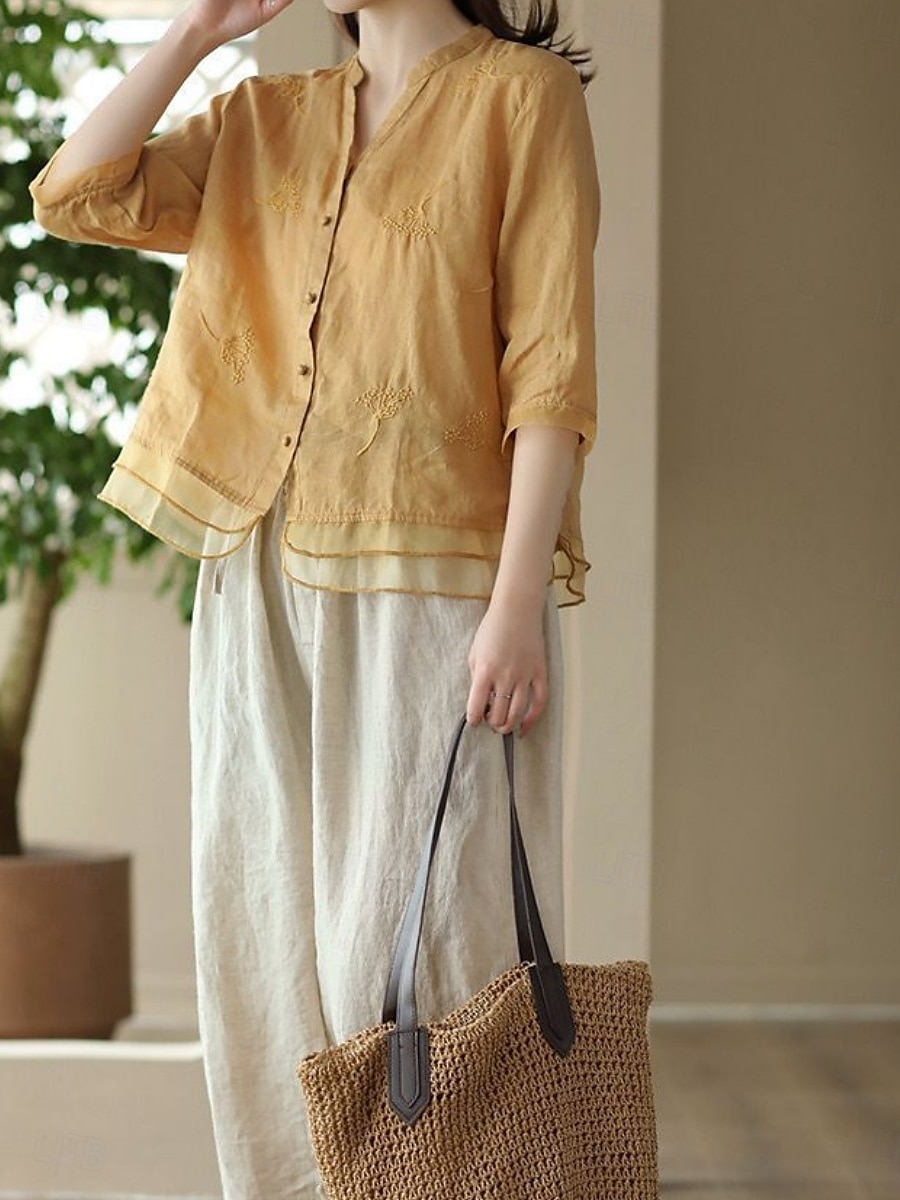 Women's Shirt Solid Color Basic Casual 3/4 Length Sleeve Shirt Collar Regular Tops Daily Mesh Patchwork Buttons White Yellow Pink Purple Summer 2025 - $22.99 –P4