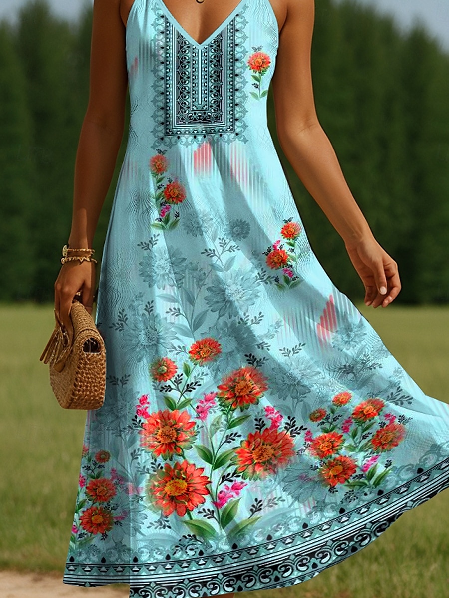 Damen Maxikleid A Linie Kleid Unterkleid Urlaub Lässig Boho Ausgehen Normale Passform Blumen Grafik Ärmellos V Ausschnitt Spaghettiträger Blau Sommer Frühling 2025 - $28.99 –P3