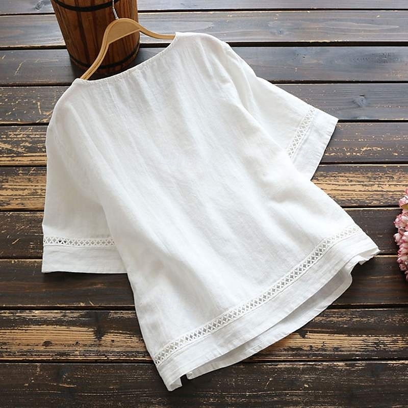 Damenbluse Peplum Einfarbig Stilvoll Lässig 3/4 Länge Ärmel Rundhals Reguläre Tops Täglicher Patchwork Weiß Rot Blau Grün Sommer 2025 - $22.99 –P2