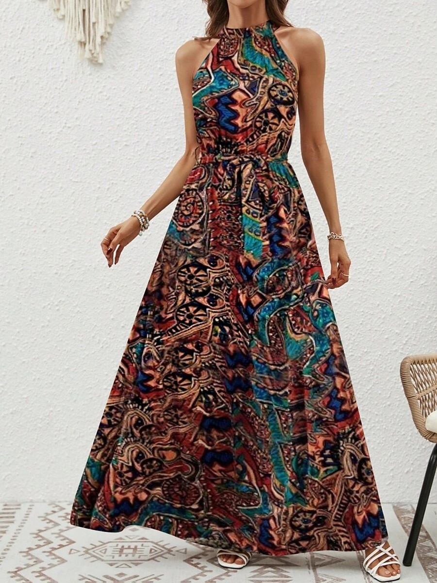 Dam Maxiklänning A linjeklänning Off Shoulder Klänning Semester Ledigt Boho Utomhus Utekväll Normal Grafisk Paisley Ärmlös Halterneck Blå Purpur Brun Aprikos Sommar 2025 - $29.99 –P2