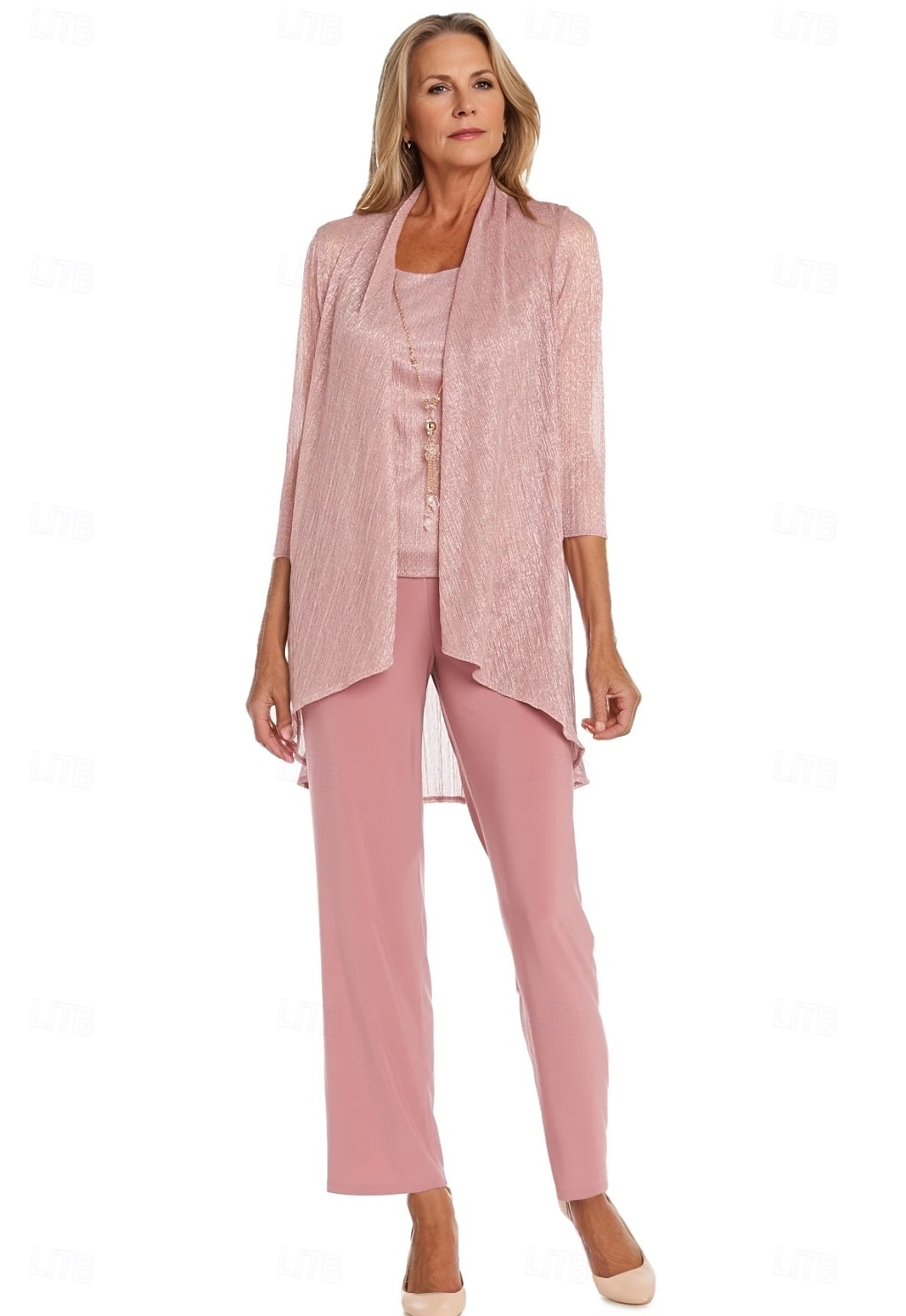 Completo pantalone 3 pezzi per la madre della sposa, elegante, con scollo rotondo, lunghezza pavimento, in chiffon, maniche lunghe, con volant a cascata in pizzo, arricciato, 2025 del 2025 a $148.99 –P1
