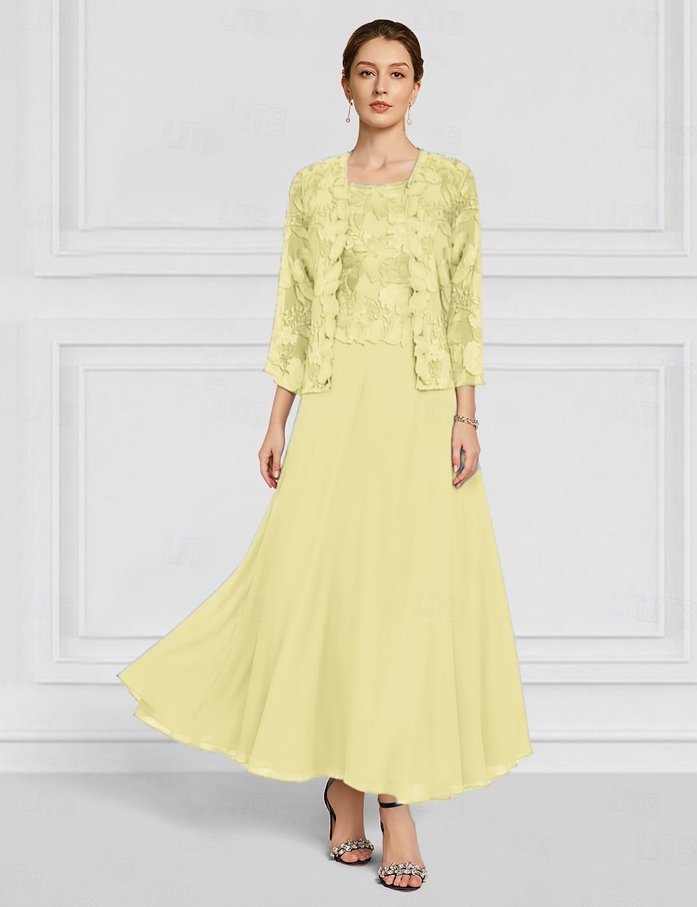 Set di Abiti Floreali Due Pezzi Madre della Sposa Elegante Collo a Giro Lunghezza Caviglia Chiffon Maniche Lunghe con Ricamo in Pizzo del 2025 a $158.99 –P9