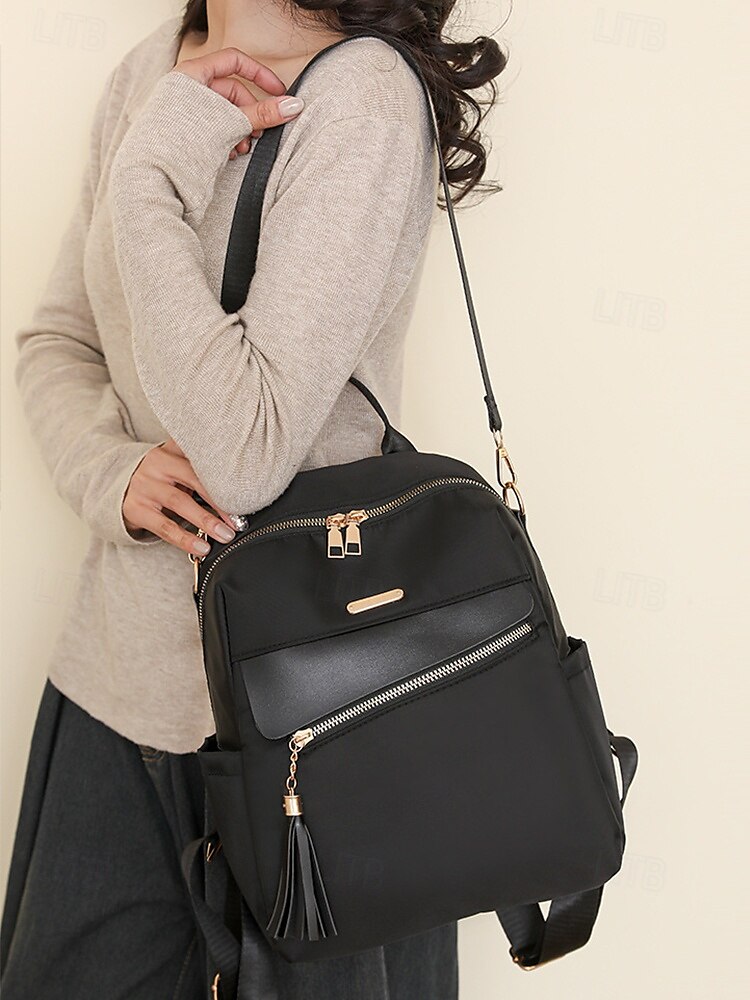 Sac à dos imperméable de grande capacité pour femme - peut être porté sur une épaule, détails de pompons élégants, fermeture à glissière, adapté au travail, à l'école et à un usage quotidien de 2025 ? $34.99 –P4