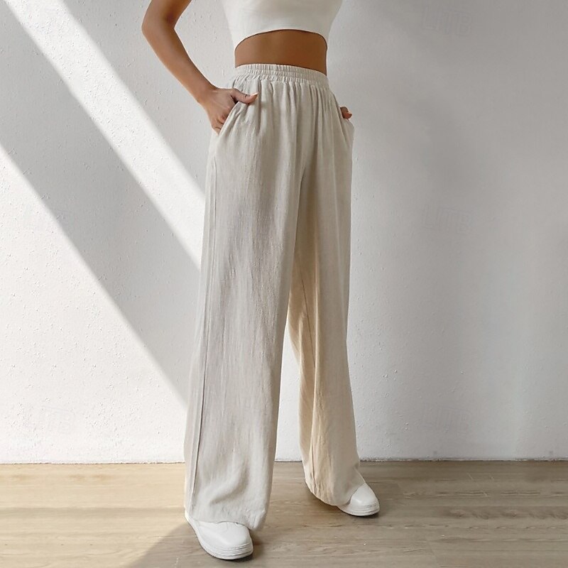 Women's Cotton Linen Pants Slacks Streetwear Casual Full Length Natural Plain Pocket Elastic Waist Comfy Comfortable Casual Daily Weekend Apricot Light Sky Blue Black Army Green Summer Regular Fit 2025 - €32.99 –P4