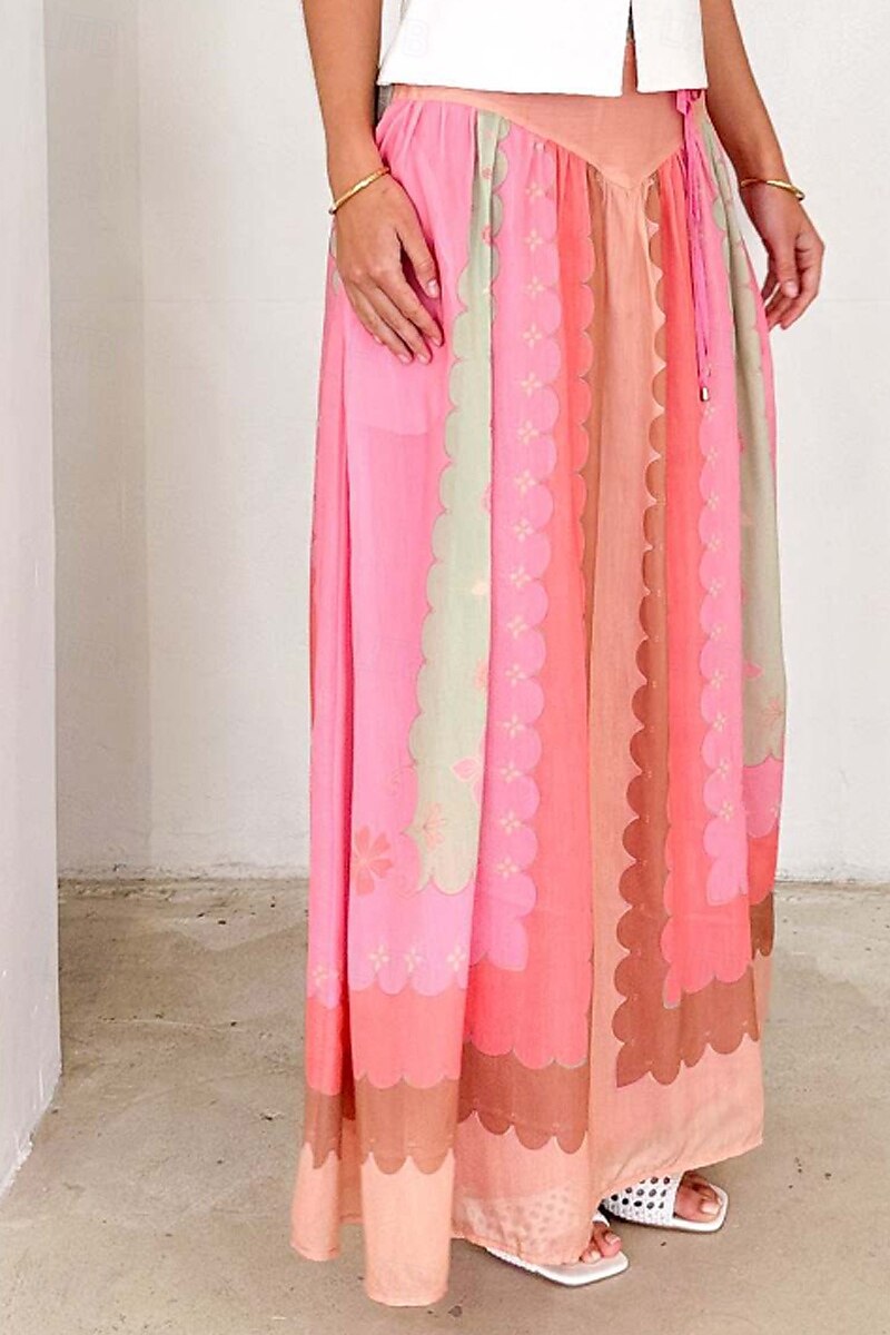 Dámské Sukně Čechy Cikánský Maxi Střední vzestup Sukně Květinový Tisk Lehce elastické Dovolená Jdeme ven Světlá růžová Léto Polyester 2025 - $23.99 –P2