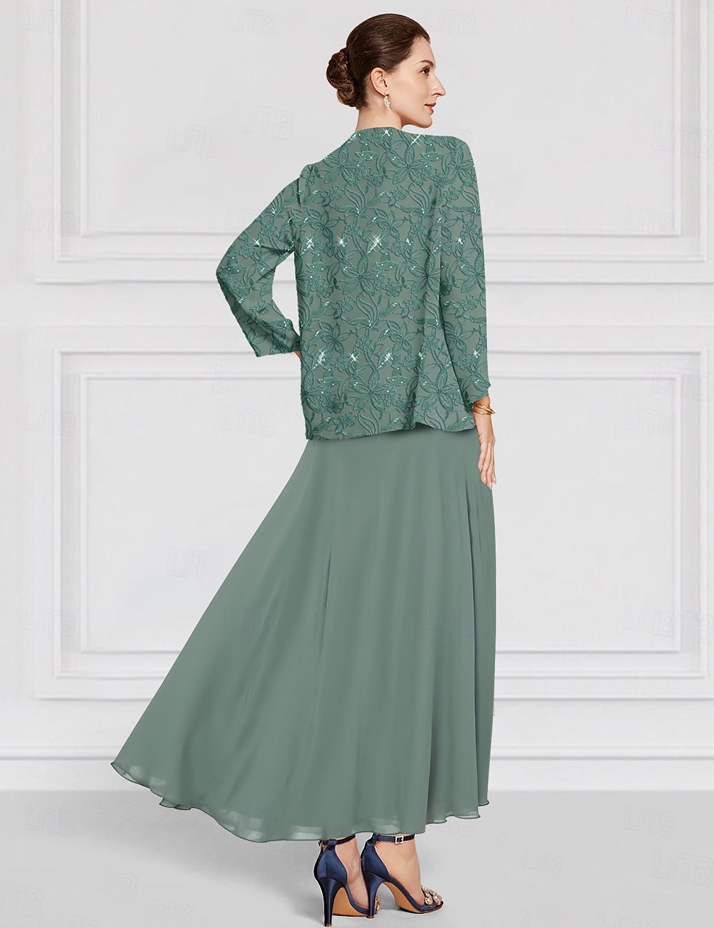 Blue Green Two Piece A-Line Mother of the Bride Dress Beaded Elegant Vintage Simple Crew Neck Ankle Length Lace Long Sleeve with Lace Embroidery 2025 - $154.99 –P2