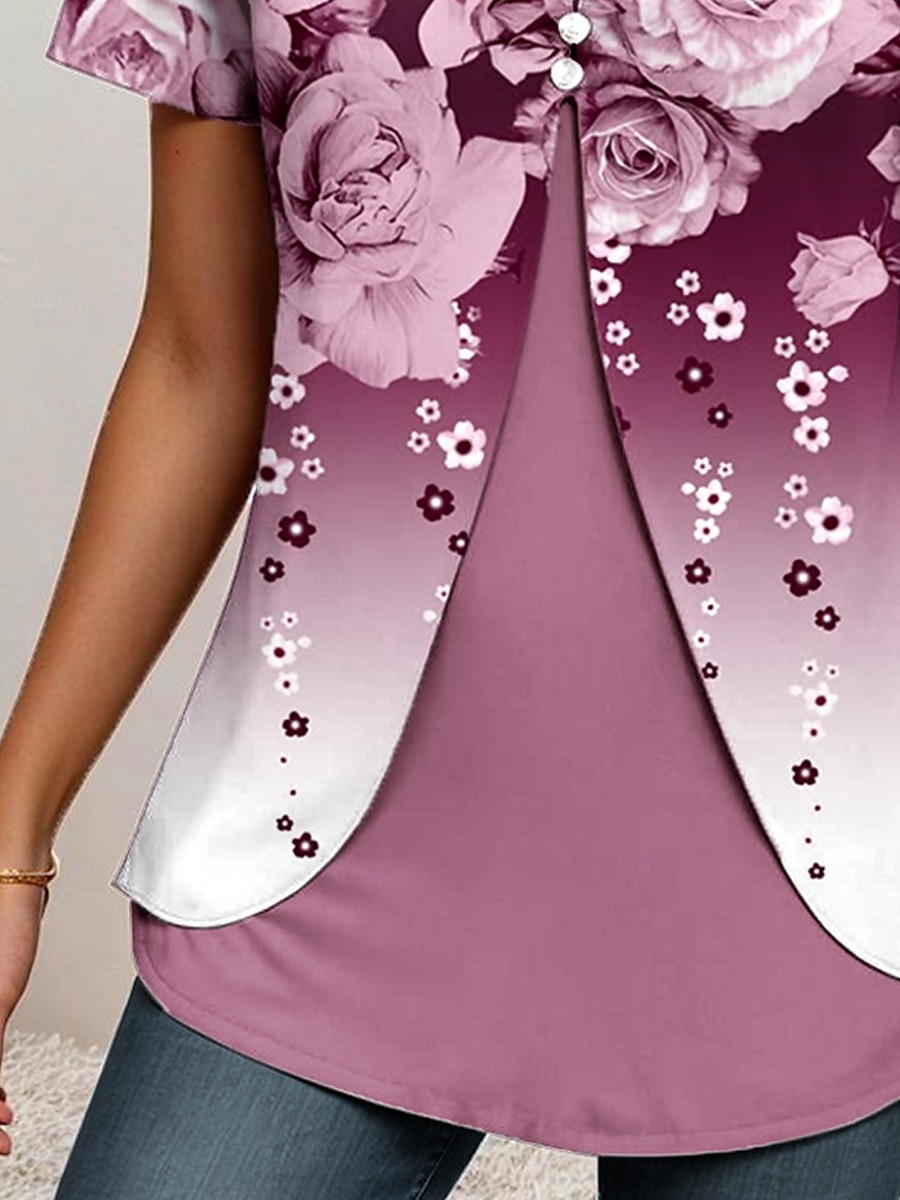 Damen T Shirt Ombre Blumen Grafik Elegant Vintage Stilvoll Kurzarm Rundhalsausschnitt Rundhals Normale Oberteile Täglich Ausgehen Patchwork Knöpfe Gestuft Staubiges Blau Fuchsie Sommer Frühling 2025 - $23.99 –P3
