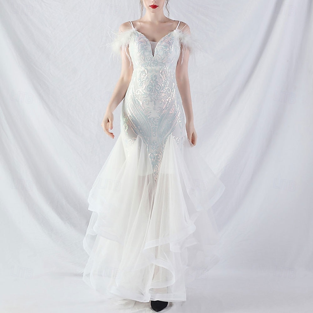 Abiti Quinceanera Mermaidi  Trumpet in Paillettes Elegante Abito Formale Semi Formale Matrimonio Lunghezza P_avimento Senza Maniche Scollo a V Tulle Volant con Piume del 2025 a $139.99 –P13