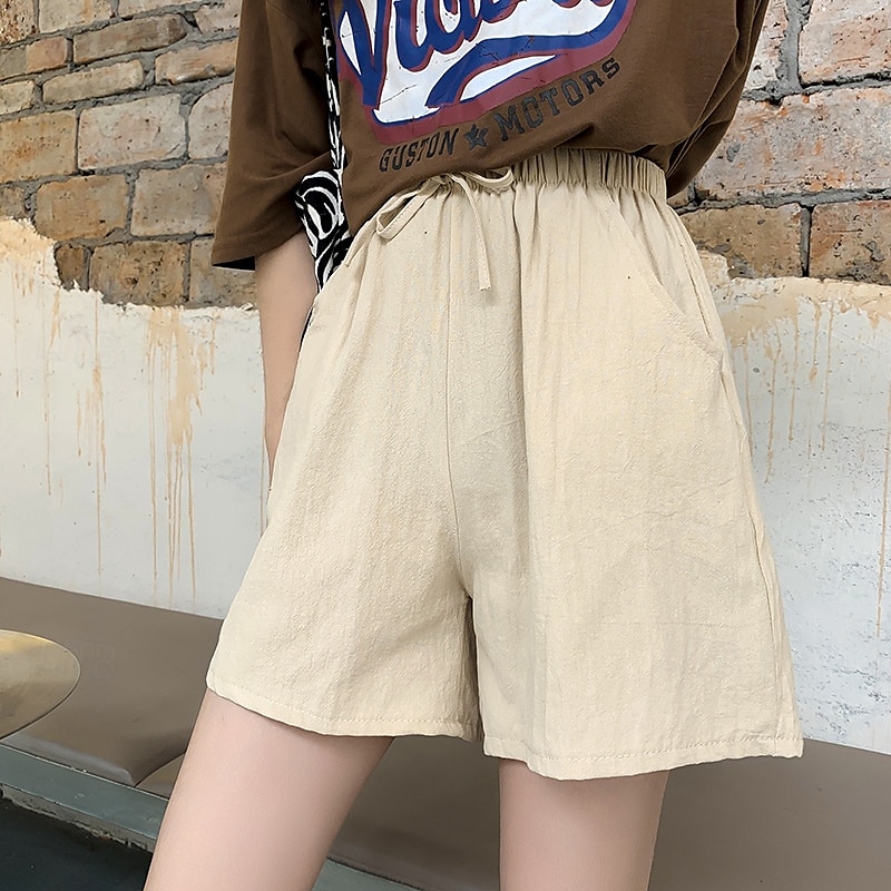 2025年 女性用 リネン風ショートパンツ スラックス クロップパンツ ファッション ストリートファッション 膝丈 ナチュラルウエスト 平織り ポケット 弾性巾着デザイン 快適 通気性 お出かけ 週末 フォレストグリーン ブラック ターコイズ ホワイト 夏 レギュラー  コレクション – $15.99 –P5