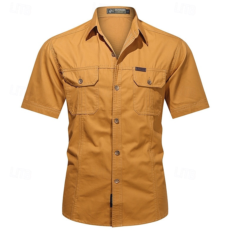 Men's Shirt Summer Shirt Casual Shirt Button Up Shirt Cargo Shirt Denim Blue Black Yellow Deep Blue khaki Short Sleeves Plain Shirt Collar Vacation Hawaiian Pocket Clothing Apparel 100% Cotton 2025 - $27.99 –P12