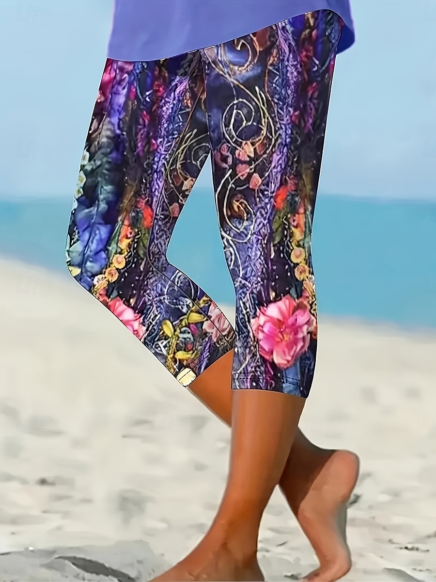 Women's Leggings Capri Pants High Elasticity Vacation Vintage Fashion Calf-Length High Waist Floral Graphic Printing Breathable Soft Stretchy Formal Outdoor Vacation Violet Summer Spring Slim Fit 2025 - $18.99 –P1
