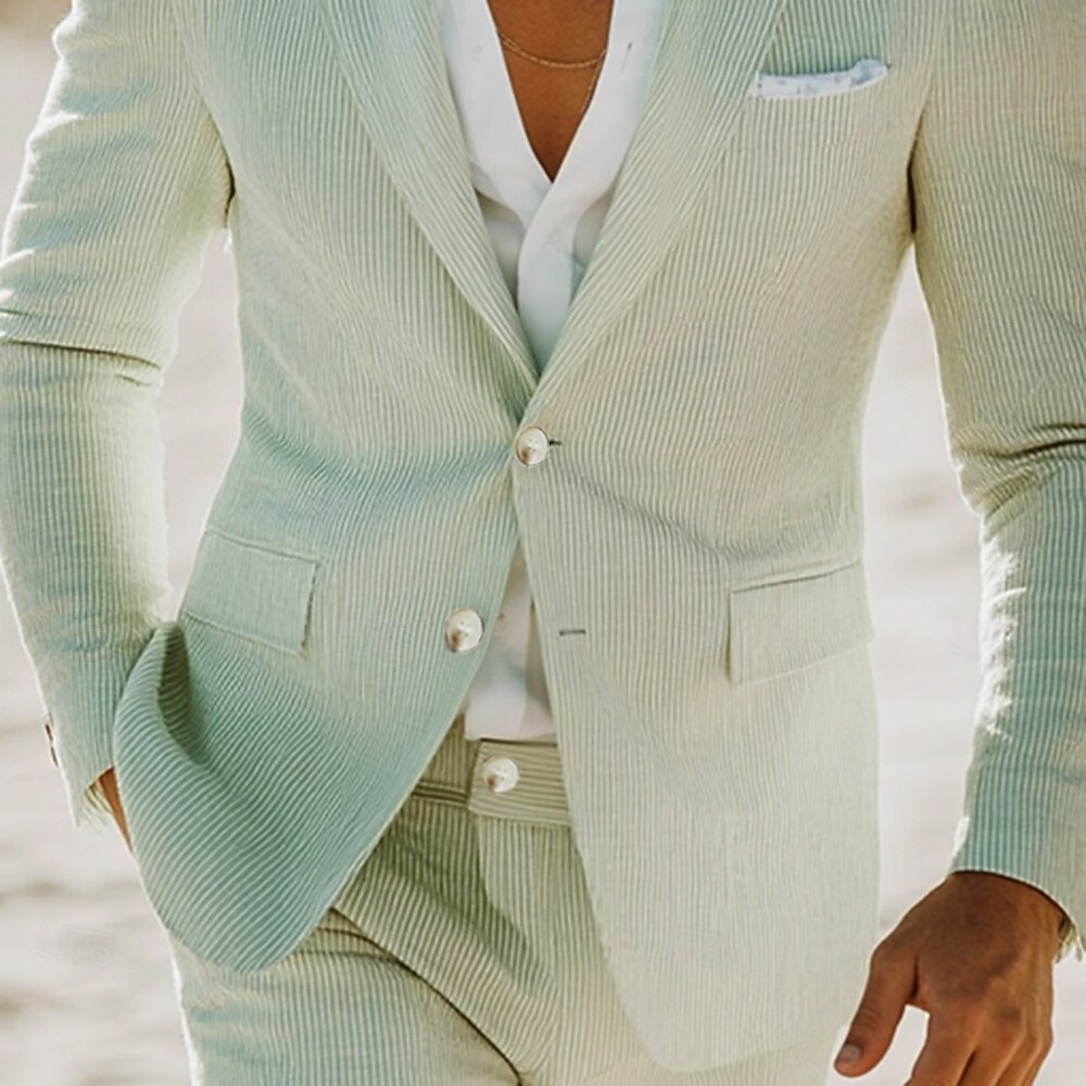 Pour des hommes Mariage à la plage Costumes Champagne Bleu Ciel Léger Rayé Coupe Standard 2 pièces Simple Boutonnage Deux Boutons de 2025 ? $115.99 –P1