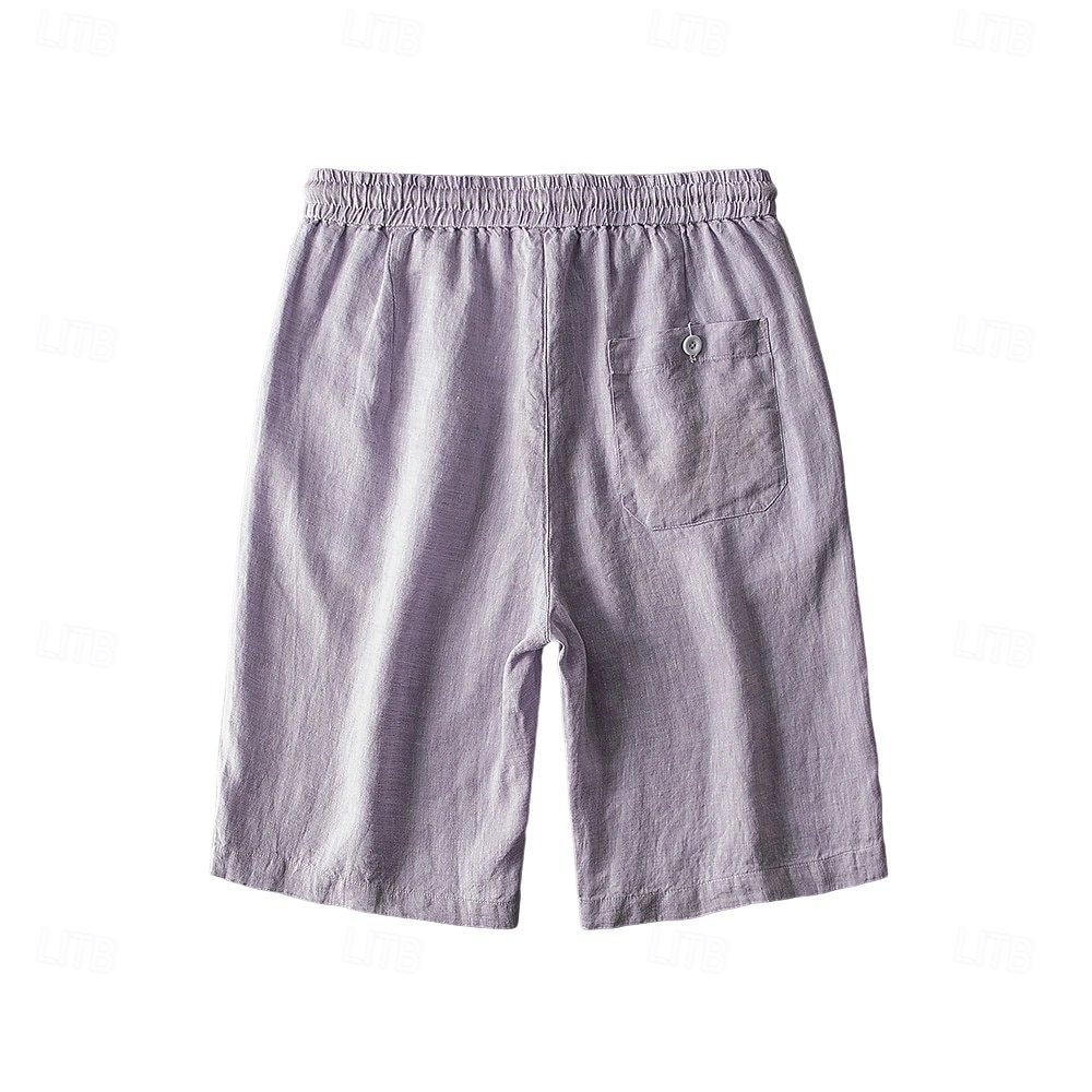 herrshorts i 100 % linne enfärgad knälång utomhus casual daglig semester etnisk stil denim blå ljus khaki oelastisk 2025 - $41.99 –P3