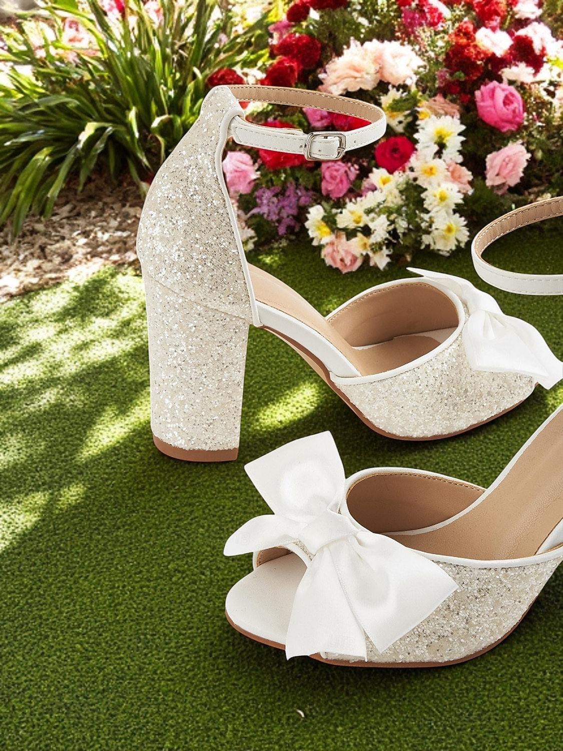 Women's White Glitter Block Heel Wedding Sandals with Ankle Strap and Satin Bow – Elegant Open Toe Bridal Shoes for Garden Ceremonies and Outdoor Events 2025 - $42.99 –P4