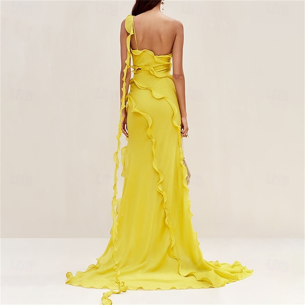 Mermaid / Trumpet Yellow Dresses Ruffle Dress Semi Formal Wedding Guest Dress Asymmetrical Sleeveless One Shoulder with Slit 2025 - $99.99 –P4