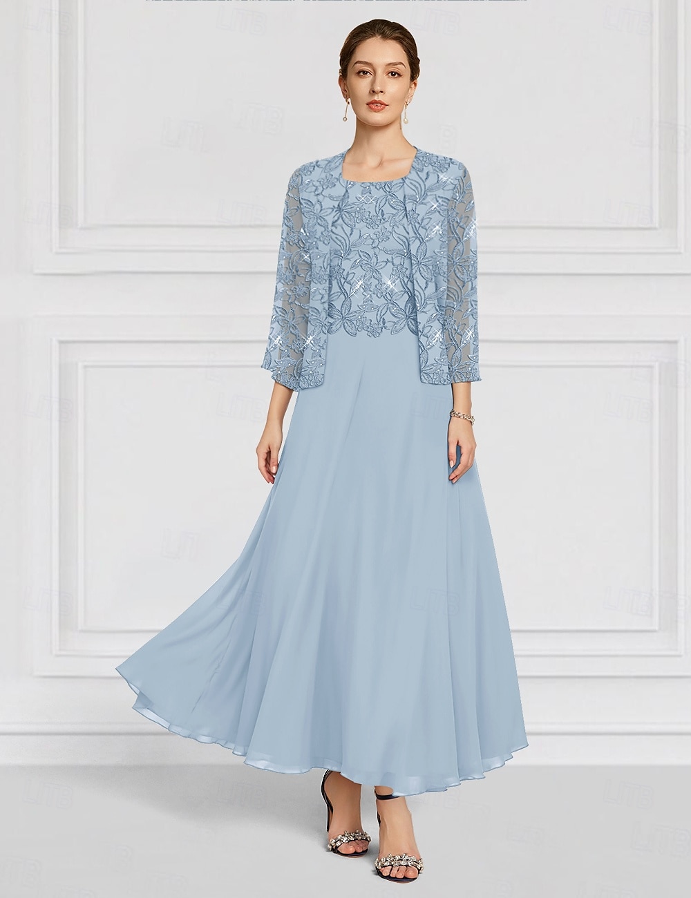 Blue Green Two Piece A-Line Mother of the Bride Dress Beaded Elegant Vintage Simple Crew Neck Ankle Length Lace Long Sleeve with Lace Embroidery 2025 - $154.99 –P3