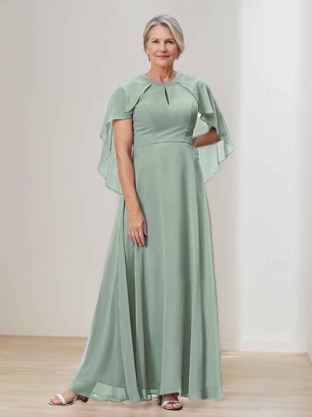 Cape Dress A-Line Mother of the Bride Dress Elegant Simple Wedding Guest Dress Minimalist Crew Neck Floor Length Chiffon Beaded Lace Short Sleeve with Lace Beading 2025 - $148.99 –P5