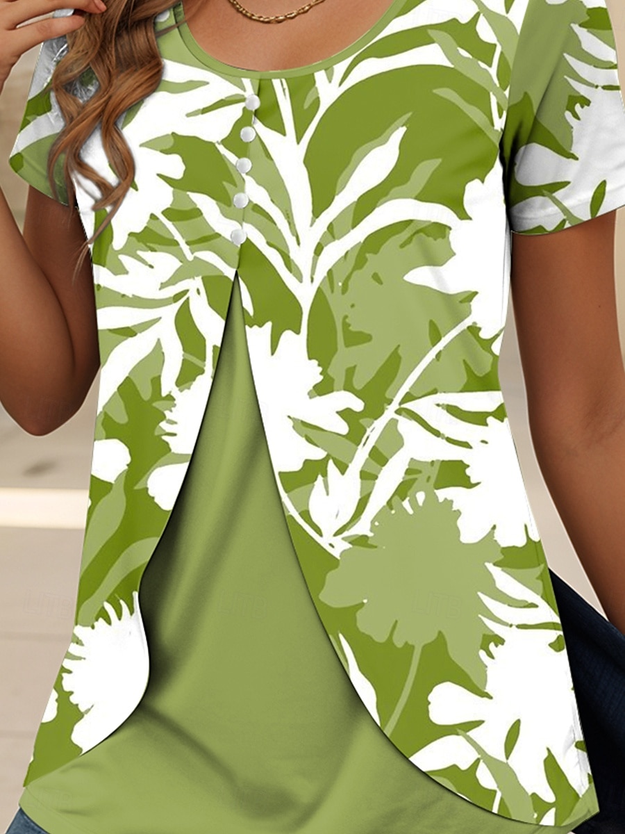 Dame T skjorte Blomstret Grafisk Elegant Årgang trendy Kortermet Crew-hals Vanlige topper Daglig Ut på byen Lapper Knapper Lag-på-lag Blå Lilla Grønn Sommer Vår 2025 - $23.99 –P3