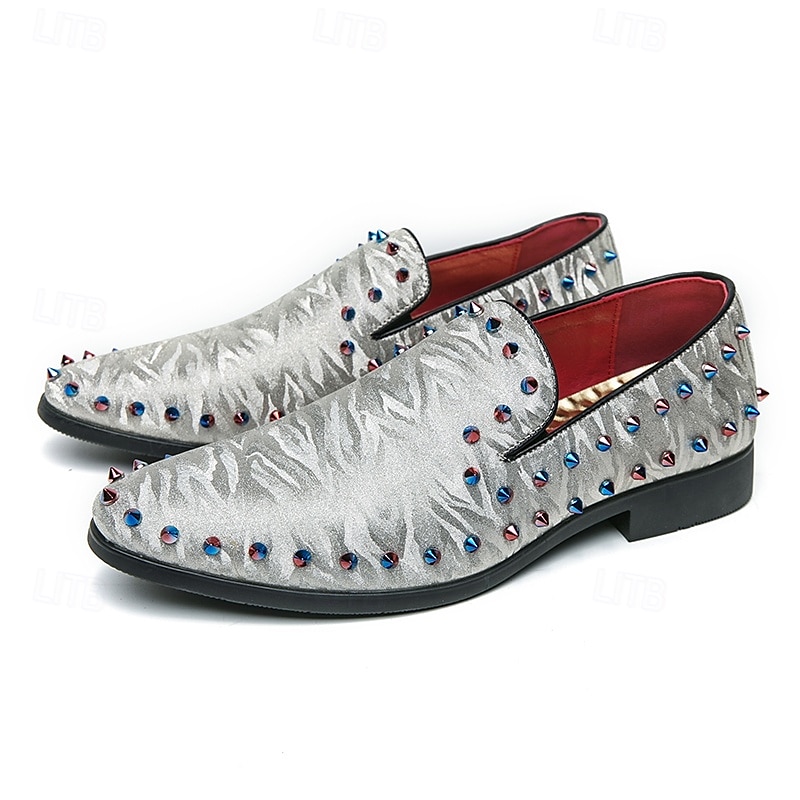 Herren-Loafer aus weißem strukturiertem Satin mit bunten Nieten – modische Ballschuhe für Abschlussfeiern und besondere Anlässe 2025 - $46.99 –P1