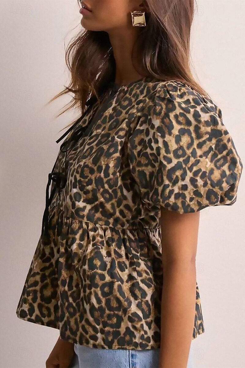 Women's Blouse Leopard Active Modern Short Sleeve Crew Neck Regular Tops Daily Going out Ruched Brown Summer 2025 - $18.49 –P3