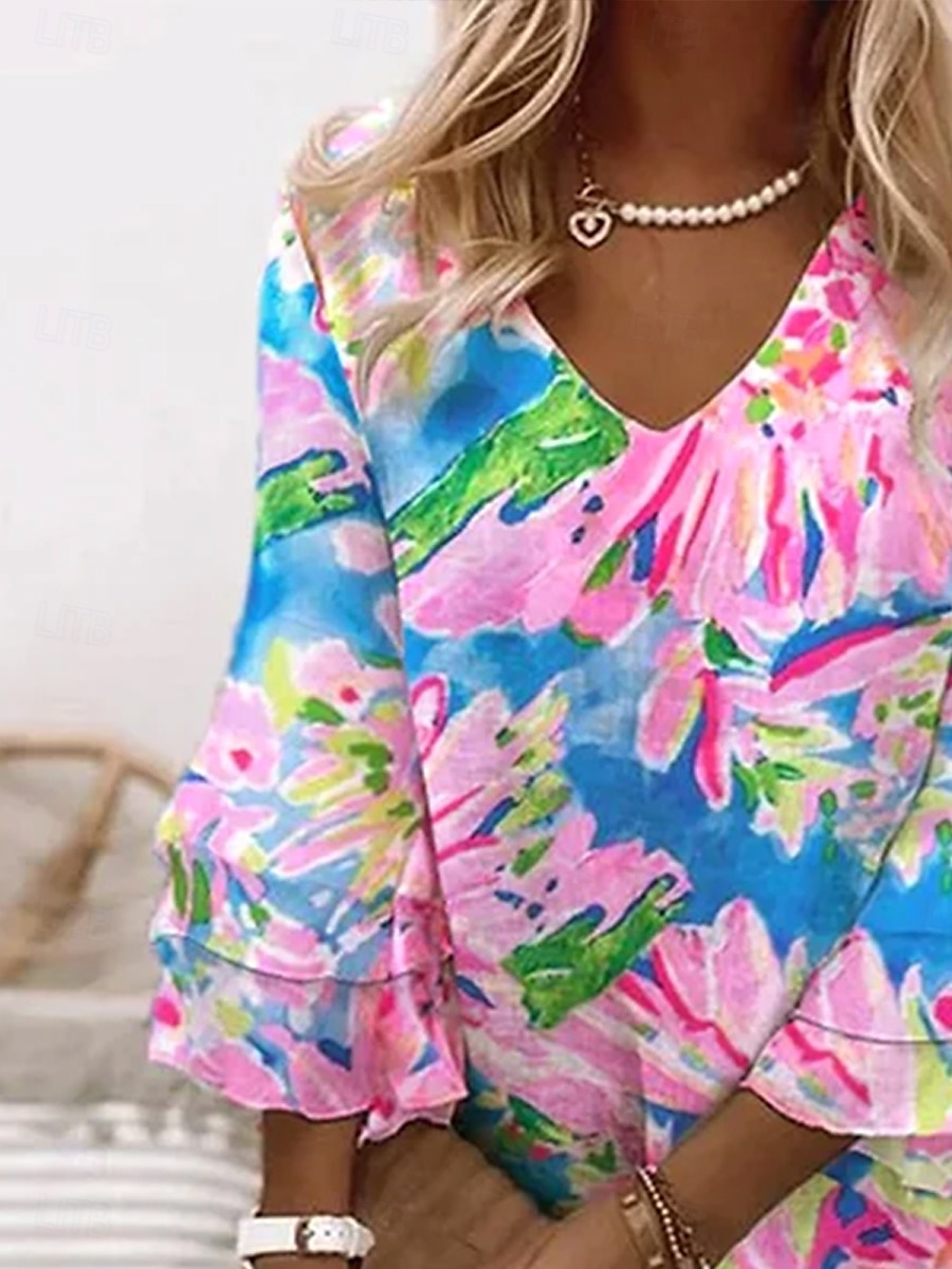 Per donna Mini Abito Vestito Estivo Abito a trapezio Vacanza Casual Boho Spiaggia Vestibilità regolare Ombre Floreale Grafico Manica 3/4 Scollo a V Colourful Rosa Azzurro cielo Blu inchiostro Estate del 2025 a $46.99 –P2