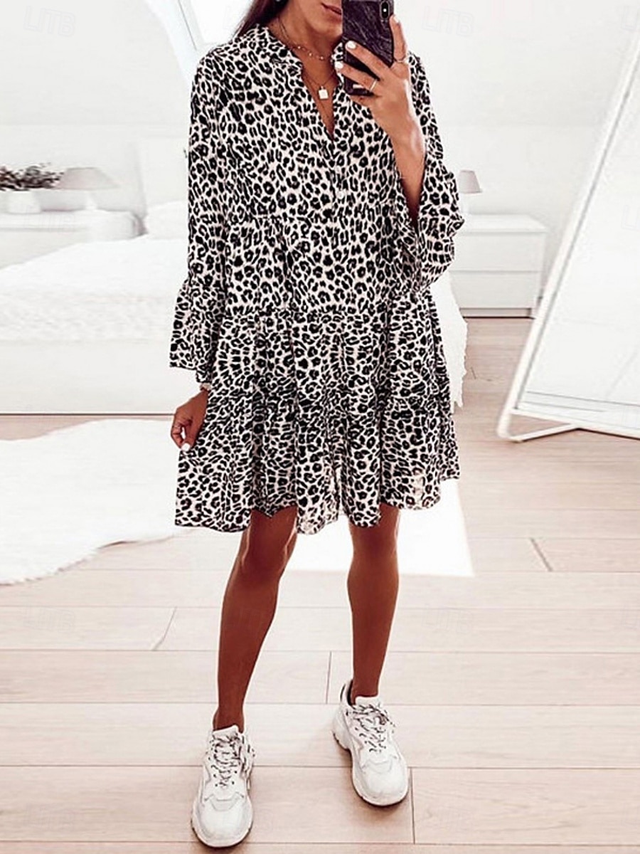 Dam Mini klänning Volangkjol Ledigt Utomhus Utekväll Lös passning Grafisk Leopard 3/4 ärm V-hals Svart Vit Rodnande Rosa Blå Sommar 2025 - $31.99 –P12
