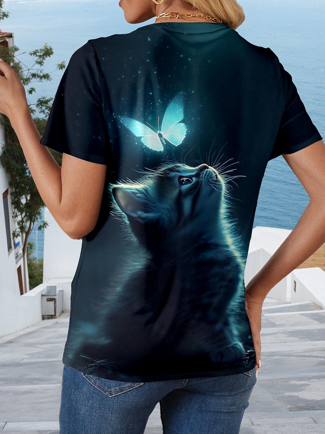 Women's T Shirt Graphic Animal Cat Stylish Classic Casual Short Sleeve Crew Neck Round Neck Regular Tops Daily Going out Weekend Print Navy Blue Summer Spring 2025 - $19.99 –P2