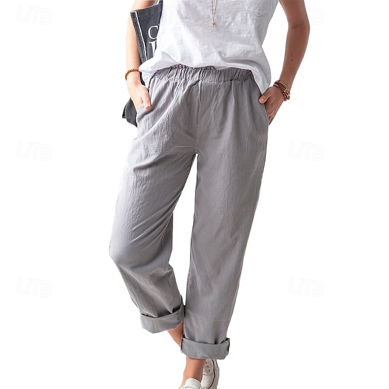 Per donna Pantaloni in cotone e lino Pantaloni Eleganti Casual Lunghezza intera Naturale Semplice Tasca Elastico in vita All'aperto Confortevole Streetwear Uscire Magenta azzurro cielo Grigio Nero del 2025 a $24.99 –P9