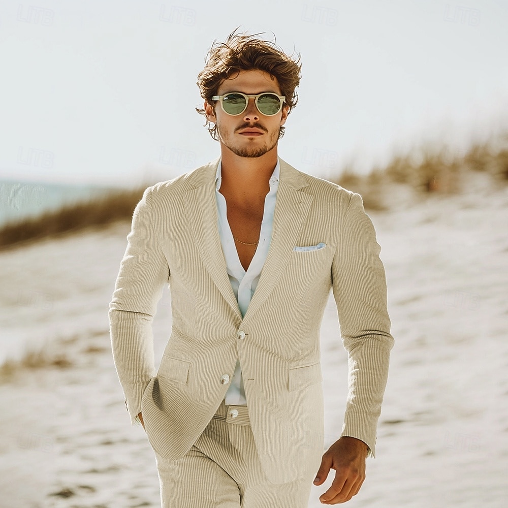 Pour des hommes Mariage à la plage Costumes Champagne Bleu Ciel Léger Rayé Coupe Standard 2 pièces Simple Boutonnage Deux Boutons de 2025 ? $115.99 –P7