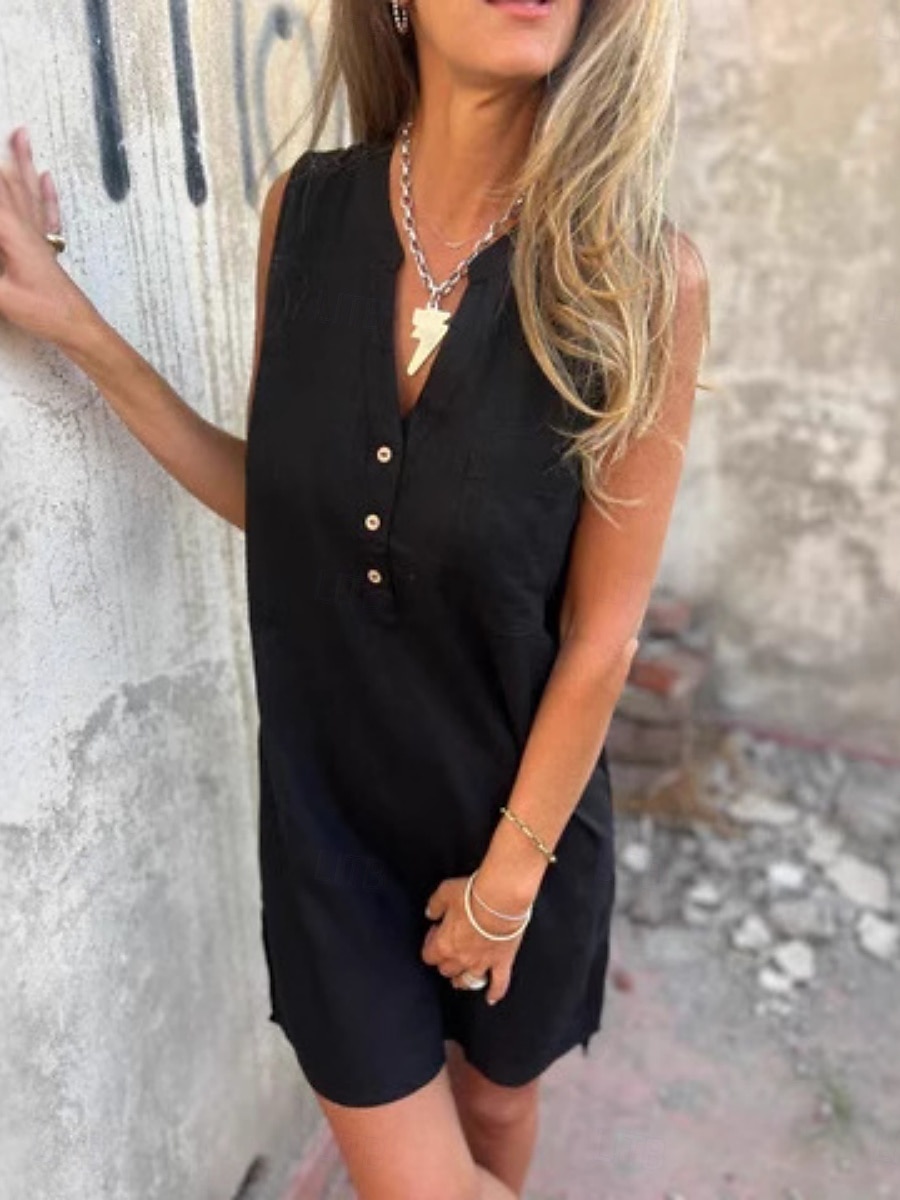 Damen Mini Kleid Sommer Kleid Unifarben Lässig Täglich Reguläre Passform Grafik Ärmellos V-Ausschnitt Schwarz Blau Beige Grau Sommer 2025 - $27.99 –P6