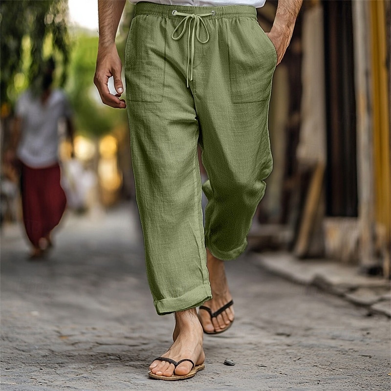 Men's Linen Pants Trousers Summer Pants Beach Pants Pocket Drawstring Elastic Waist Plain Comfort Breathable Vacation Daily Holiday Hawaiian Boho Dark Brown Lake blue 2025 - $18.99 –P8