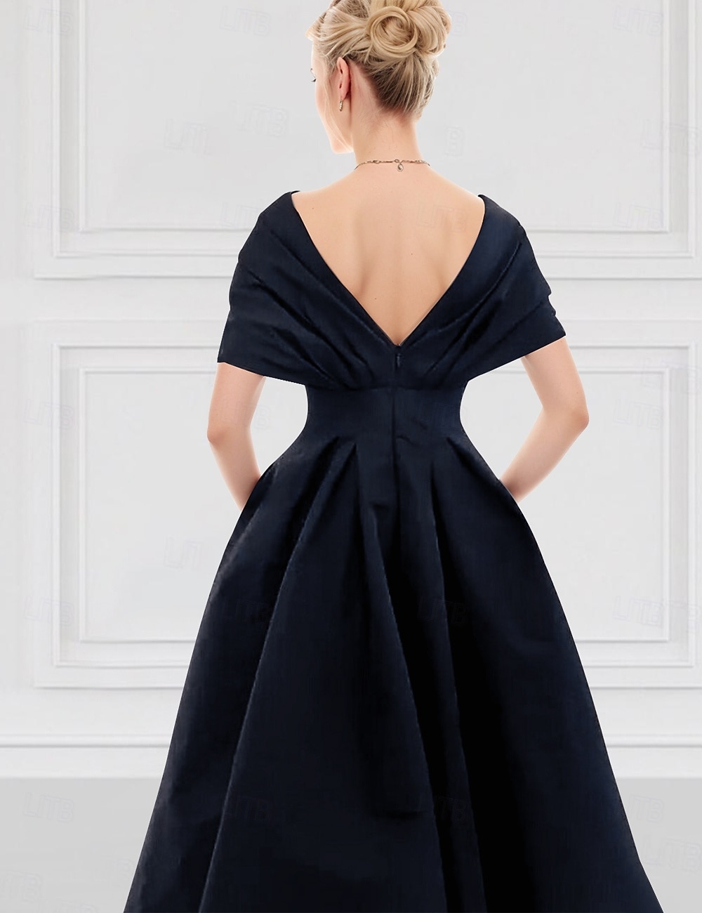 Robe cocktail A-Line bleue robe élégante formelle de mariage longueur cheville à manches courtes épaules dénudées en satin avec impression florale brodée poche de 2025 ? $148.99 –P3
