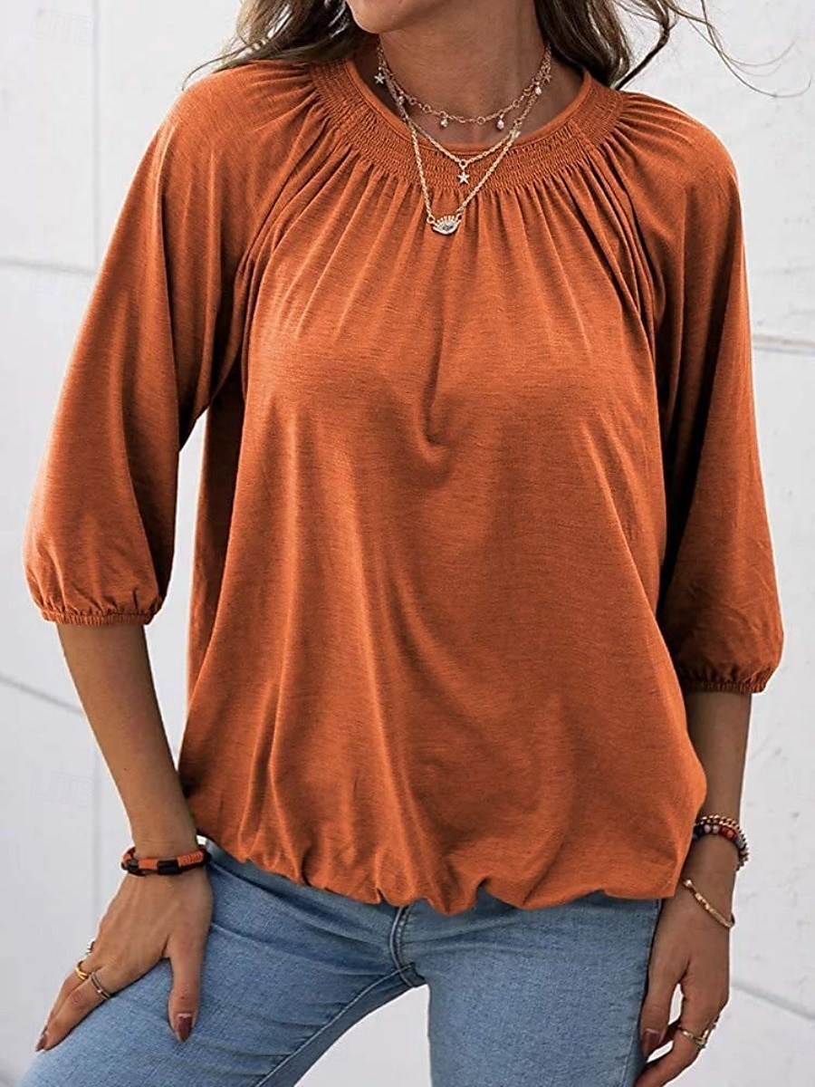 Femmes T-shirt Uni Mode Moderne Manche 3/4 Col ras du cou Hauts Réguliers Quotidien Noir Blanche Rose Claire Vin Vert Véronèse Été de 2025 ? $12.99 –P18