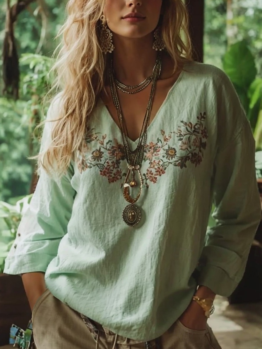 Bluzka damska boho kwiatowa grafika paisley bohemia vintage tropikalna 3/4 długości rękaw dekolt w serek reguralne topy czarny biały czerwony zielony lato wiosna 2026 - $29.99 –P1