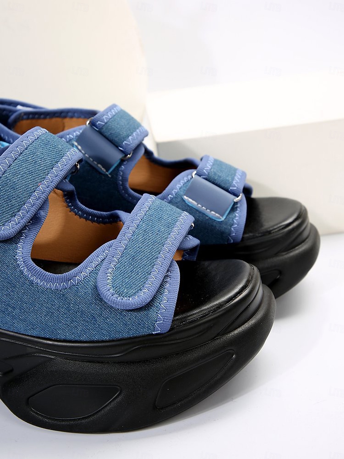 damskie sandały na grubej platformie z denimu – sportowe buty na koturnie z paskiem na rzep na festiwale i miejski styl uliczny 2025 - $29.99 –P3