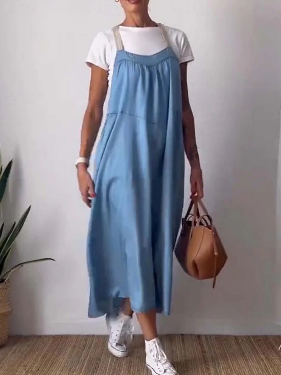 Maxi abito da donna abito estivo abito a sottoveste casual quotidiano vestibilità regolare grafico in lino simile senza maniche spalline nere bianche blu khaki estate del 2025 a $32.99 –P3