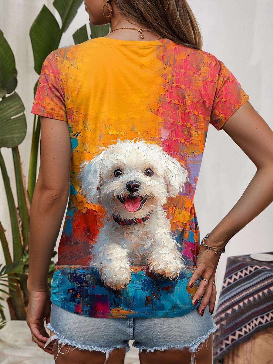 Femmes T-shirt Graphique Animal Chien ancien Élégant Occasionnel Manche Courte Col en V Hauts Réguliers Quotidien Imprimé Jaune Bleu Orange Bleu clair Été Printemps de 2025 ? $19.99 –P2