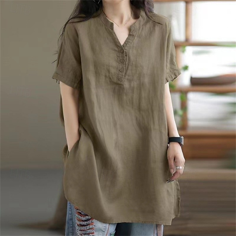 Per donna Camicie di cotone e lino Semplice Quotidiano Elegante Essenziale Manica Corta Scollo a V Top Regolari Lavoro Quotidiano Ferie Tasca Nero Vino Cachi Estate Primavera del 2025 a $24.99 –P3