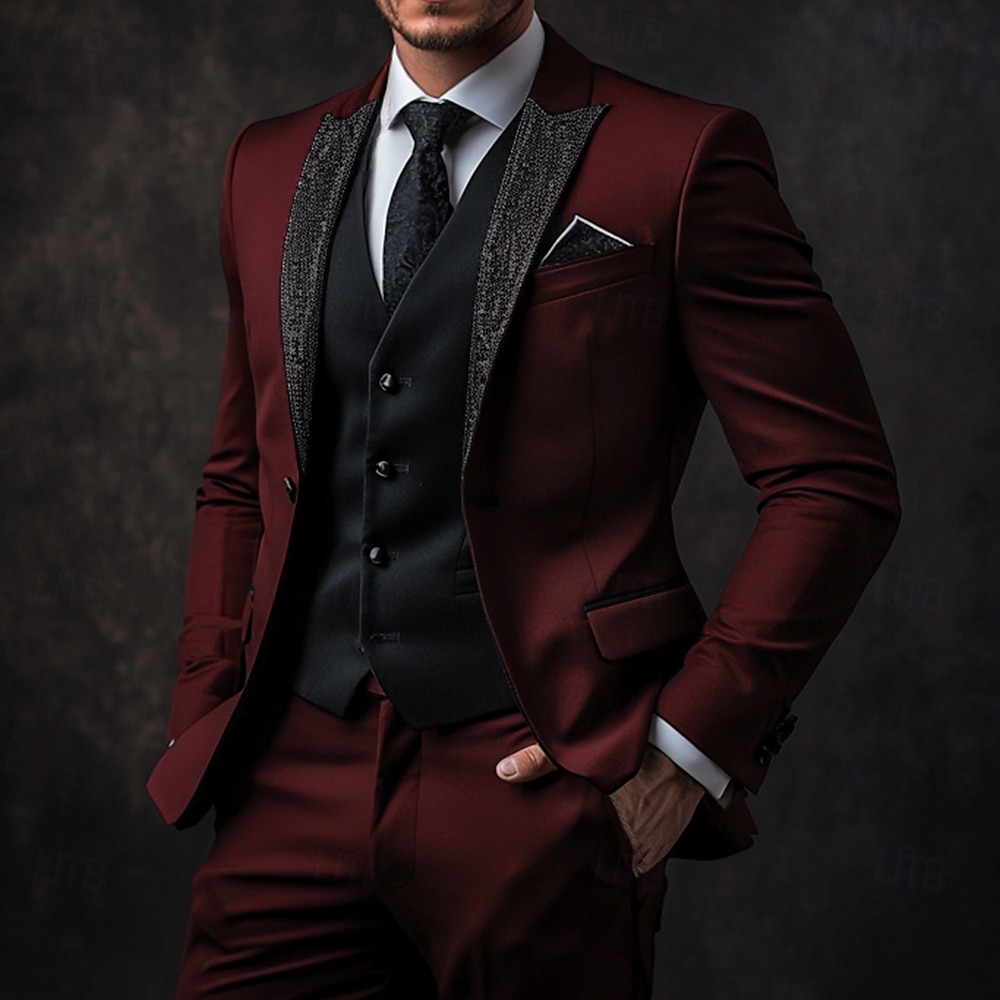 Herren Hochzeitsfeieranzüge Heimkehranzüge Weinrot Luxus Formal Pailletten Revers Einfarbig Standardpassform 3-teilig Einfachreiher Ein-Knopf 2025 - $149.99 –P2