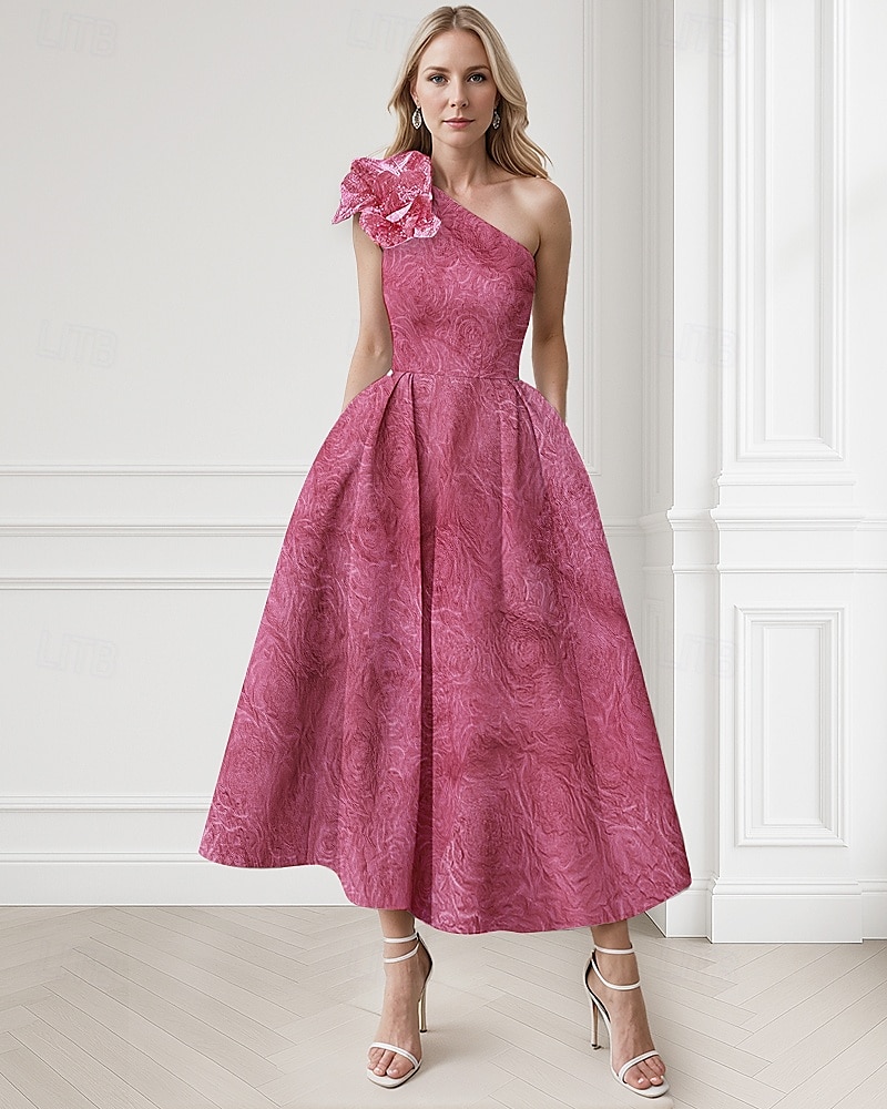 Jacquard Groen Blauw A-Lijn Cocktailjurk Elegante Jurk Formele Bruiloft Gast Enkellengte Mouwloos Één Schouder Nylon met Zak Schouderbloem Bruiloft Gast Jurk 2025 - $138.99 –P3