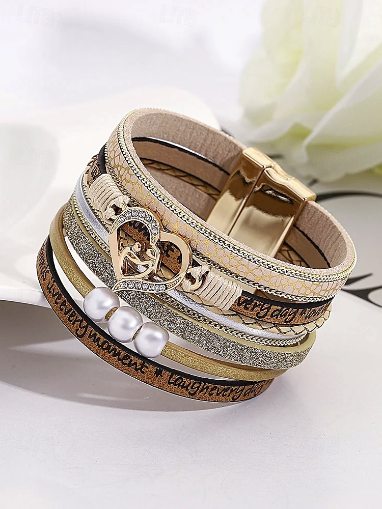 Pulseira magnética feminina de couro sintético – pingente de coração e pérola em liga com texto inspirador, presente de joia estilo boho para mãe, adequada para o dia das mães, aniversários e roupas casuais de 2026 por $9.99 –P1
