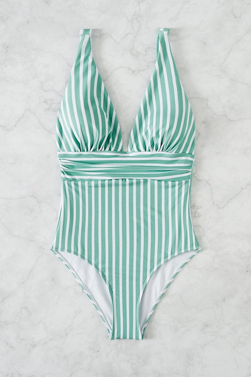 Femmes Maillots de Bain Une Pièce Maillot de bain Dos nu Tropical Tenues de plage Rayé Fil en V Sans manches Maillots de bain de 2025 ? $21.99 –P9