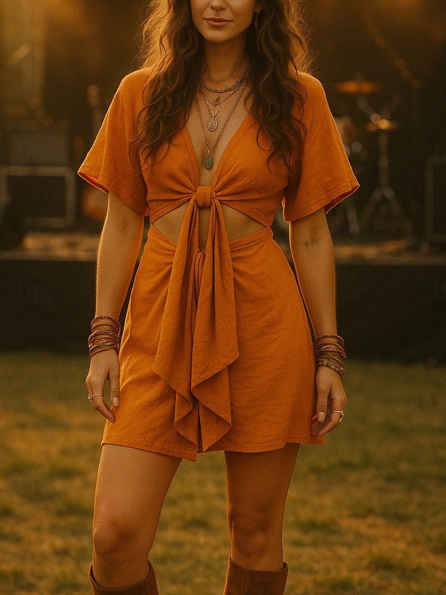 Women's Boho Dress Western Dress Vintage Mini Dress A Line Dress Casual Outdoor Beach Regular Fit Solid Color Half Sleeve Spaghetti Strap Orange Summer Spring 2025 - $32.99 –P2