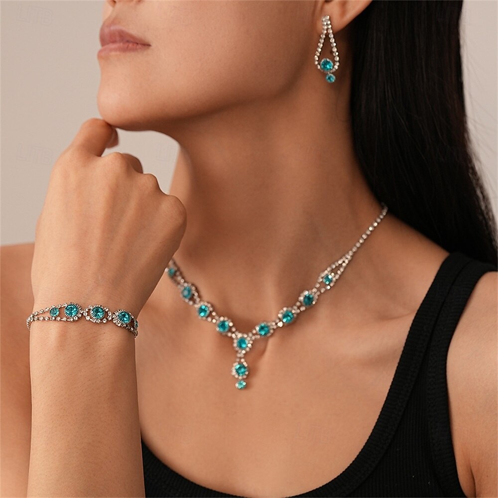 Set di Gioielli 3 Blu Zircone cubico Rame 1 Collana 1 Bracciale Orecchini Per donna Elegante Vintage Moda Stile Vintage Classico Geometrico Parure di gioielli Per Matrimonio Feste Occasione speciale del 2025 a $19.99 –P3